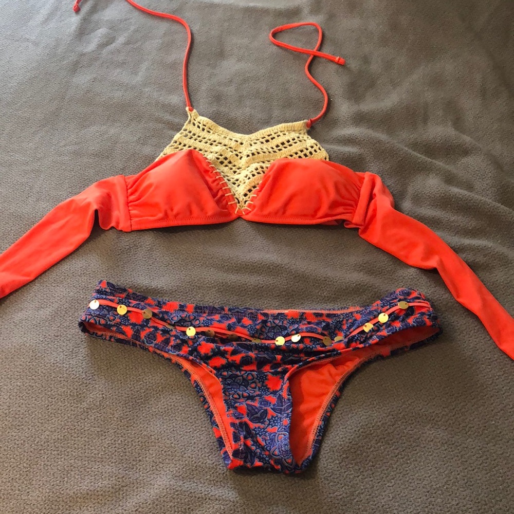 Orange and blue woven bikini